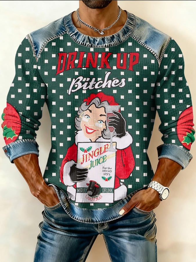 Men's Retro Let's Get Elfed Up Christmas Print Crew Neck Pullover