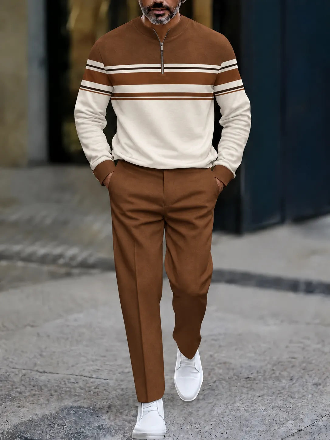 Men's Printed Zipper Polo Shirt and Pants Set