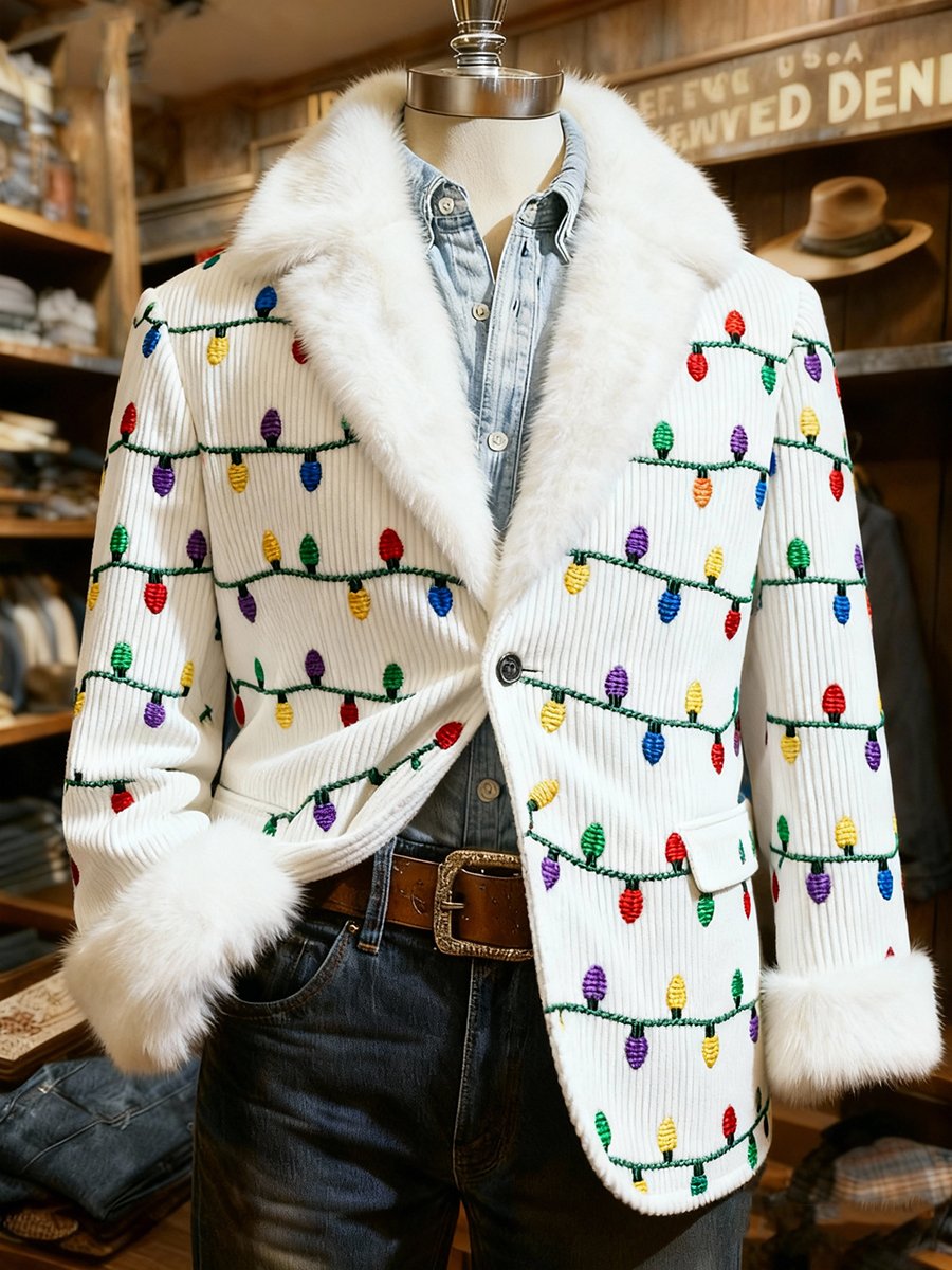 Men's Christmas Lights Plush Collar Suit Jacket