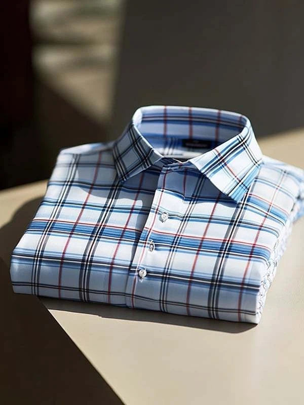 Men's Business Plaid Logo Lapel Short Sleeve Shirt