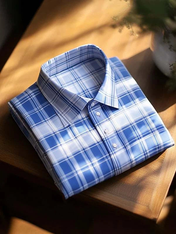 Men's Business Plaid Logo Lapel Short Sleeve Shirt