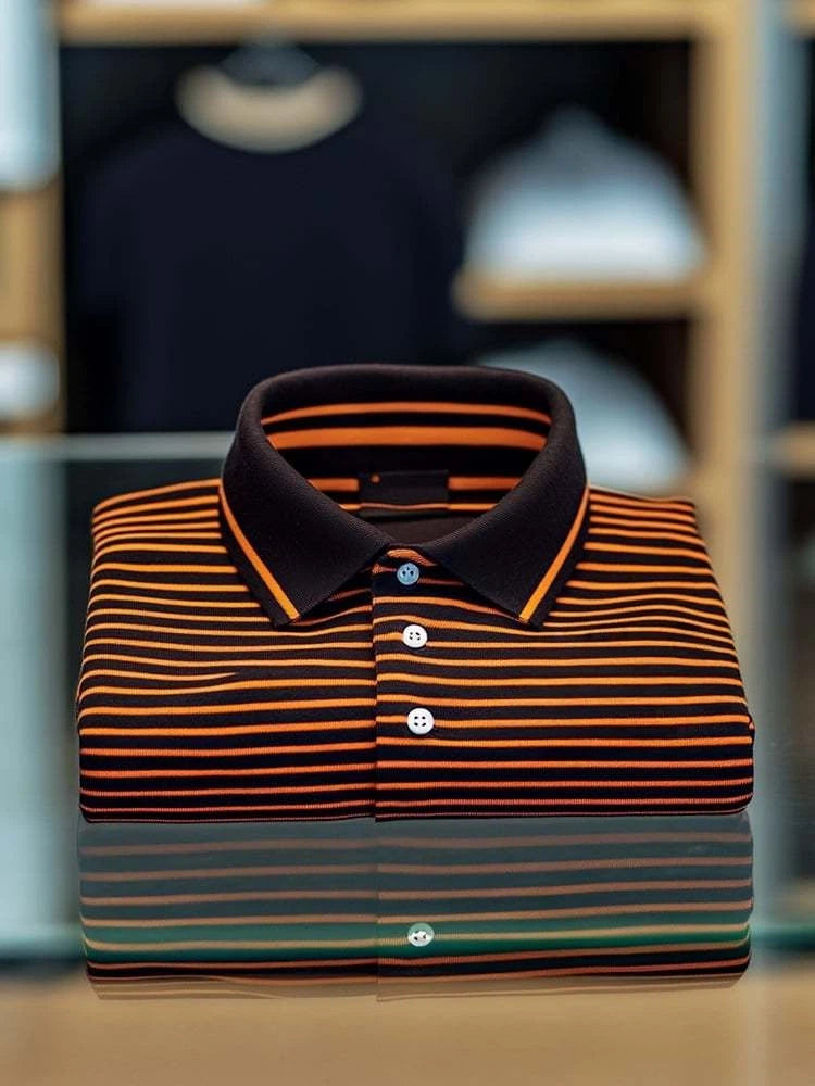 Men's Business Casual Orange Stripe Logo Button Short Sleeve Polo Shirt