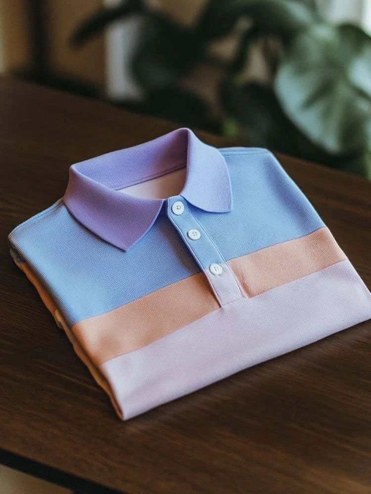 Men's Smart Casual Color Block Logo Button Short Sleeve Polo Shirt
