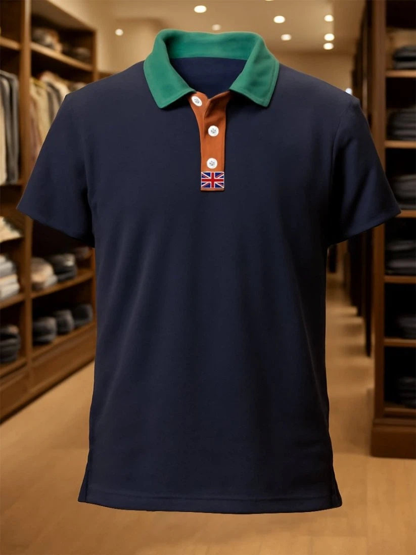 Men's Business Casual Union Jack Button Short Sleeve Polo Shirt