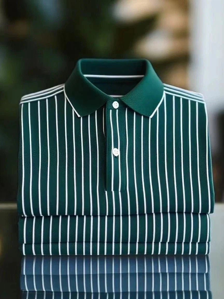 Men's Business Casual Color Block Stripe Logo Button Short Sleeve Polo Shirt