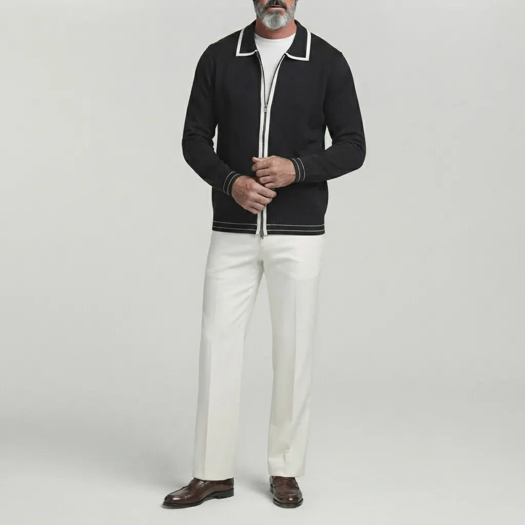 Men's Solid Color Contrast Binding Turndown Collar Zipper Knitted Cardigan