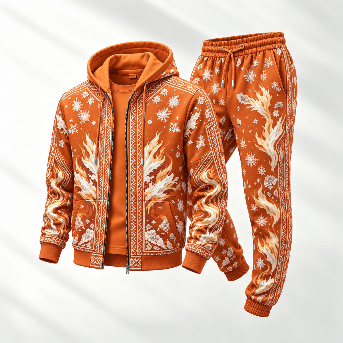 Men's Flame-Print Hooded Cardigan and Sweatpants Set