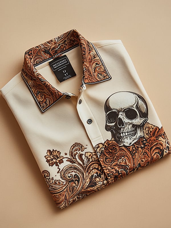 Men's Classic Business Paisley Skull Logo Short Sleeve Polo Shirt