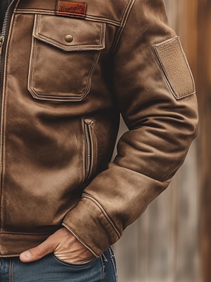Men's Retro Classic Distressed Casual Fur Collar Pocket Jacket