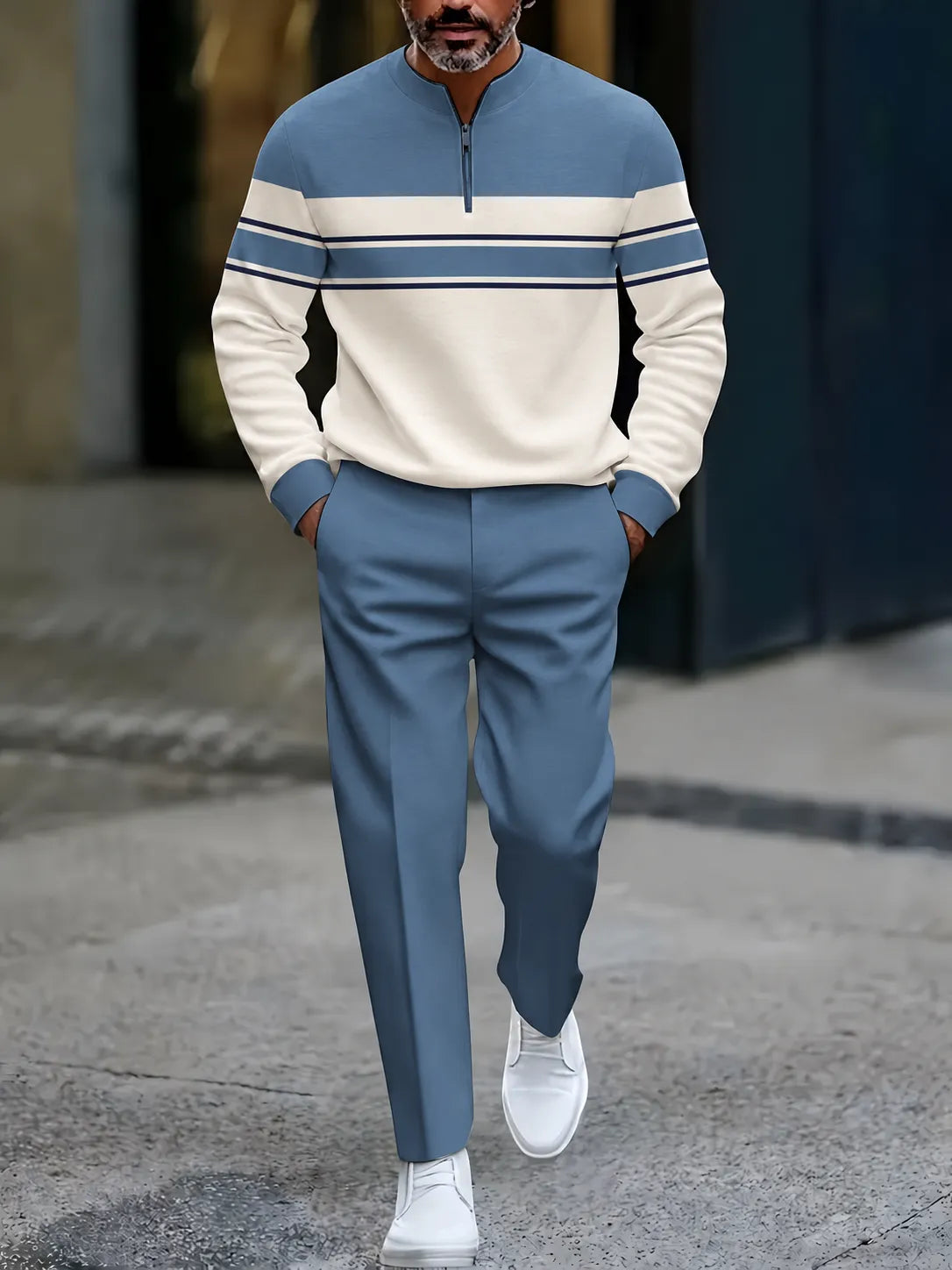 Men's Printed Zipper Polo Shirt and Pants Set