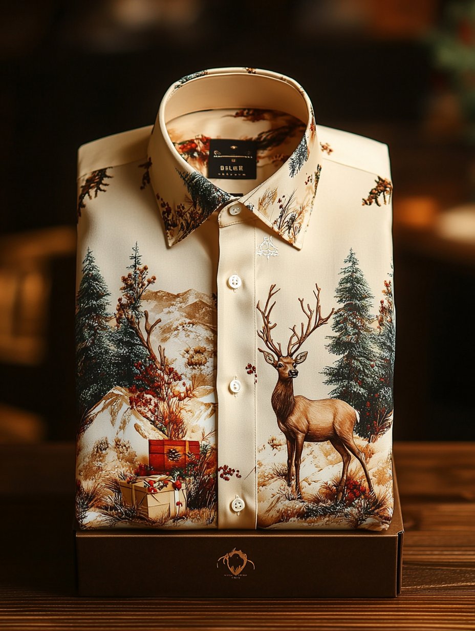Men's Business Retro Christmas Gift Elk Print Long Sleeve Shirt