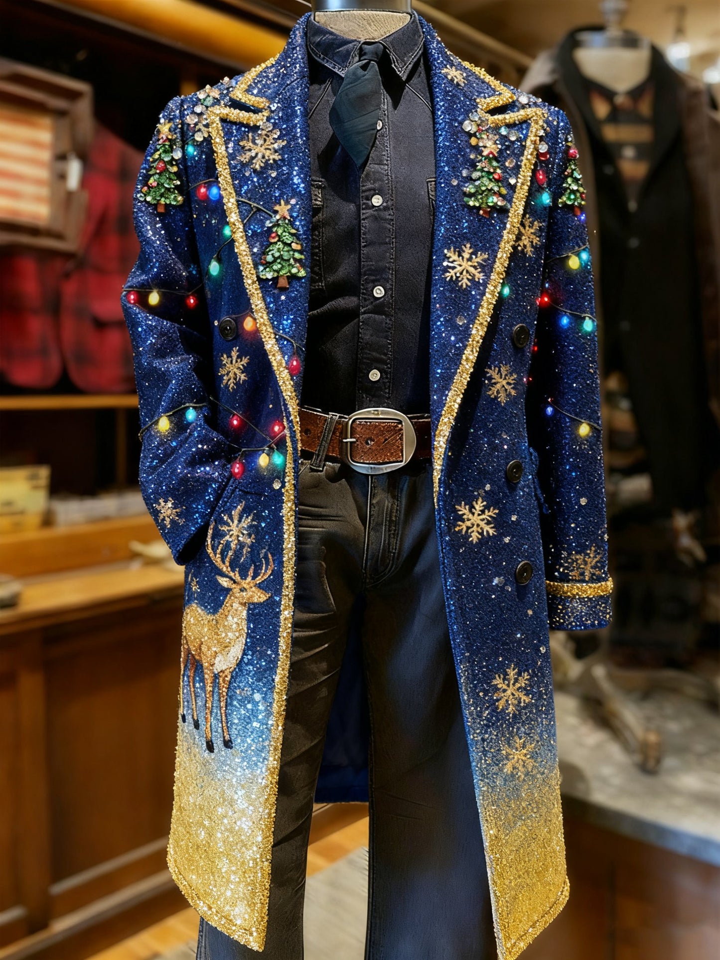Men's Business Christmas Snowflake Long Wool Coat
