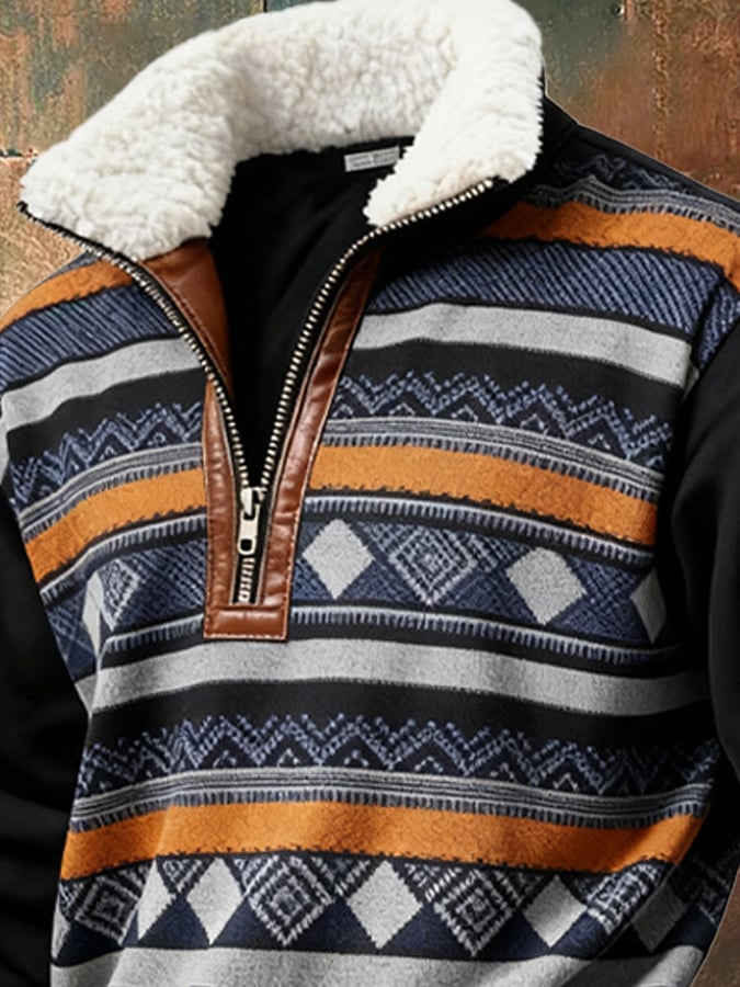 Men's Retro Color Block Print Casual Fur Collar Long Sleeve Sweatshirt