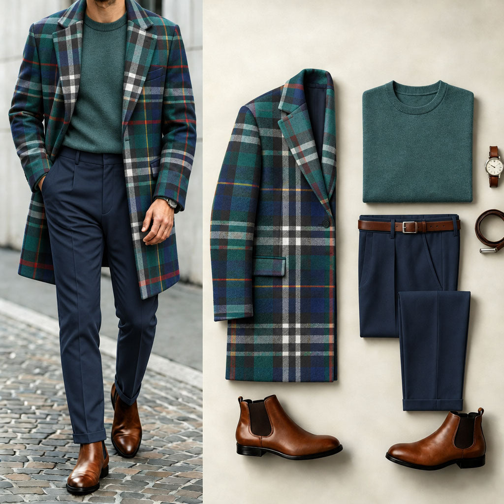 Men's Checkered Print Suit Set: Coat, Knit Sweater, and Pants