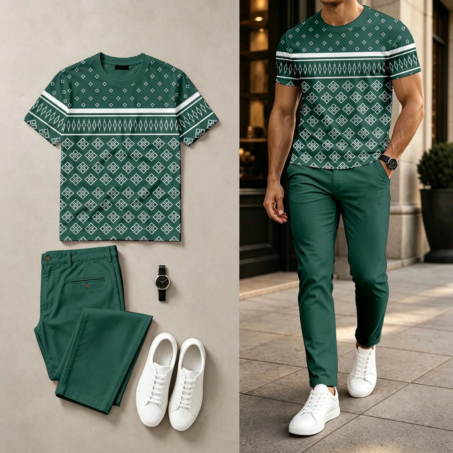 Men's Casual Green-Based Diamond-Patterned Round-Neck Short-Sleeve Top And Pants Two-Piece Set