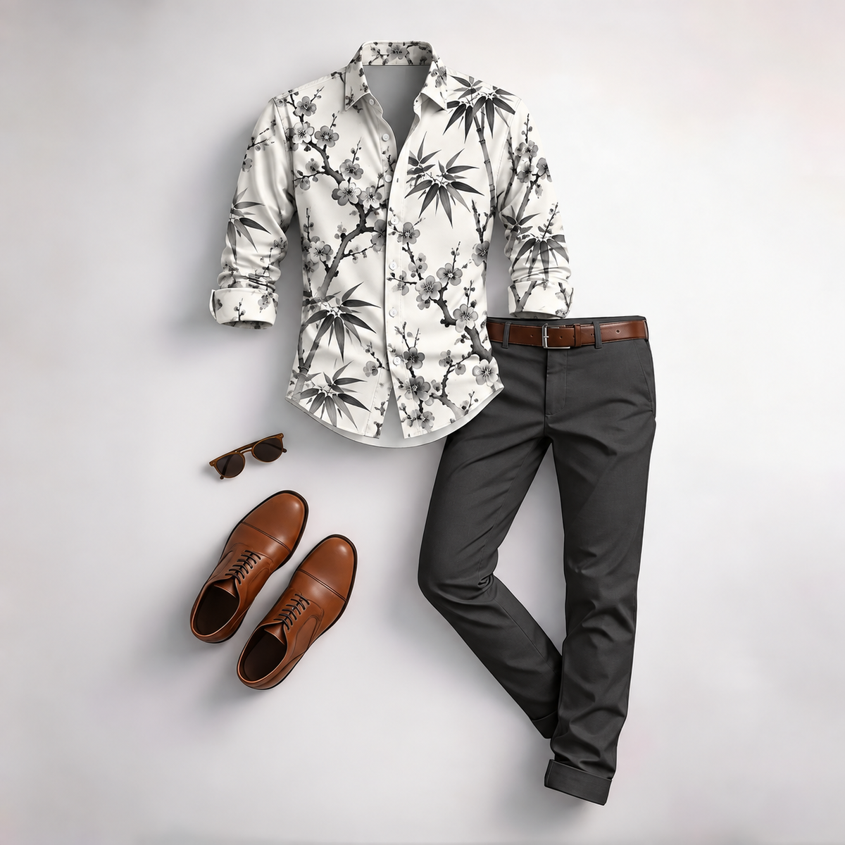 Men's Vintage Floral Print Long-Sleeve Shirt and Pants 2-Piece Set
