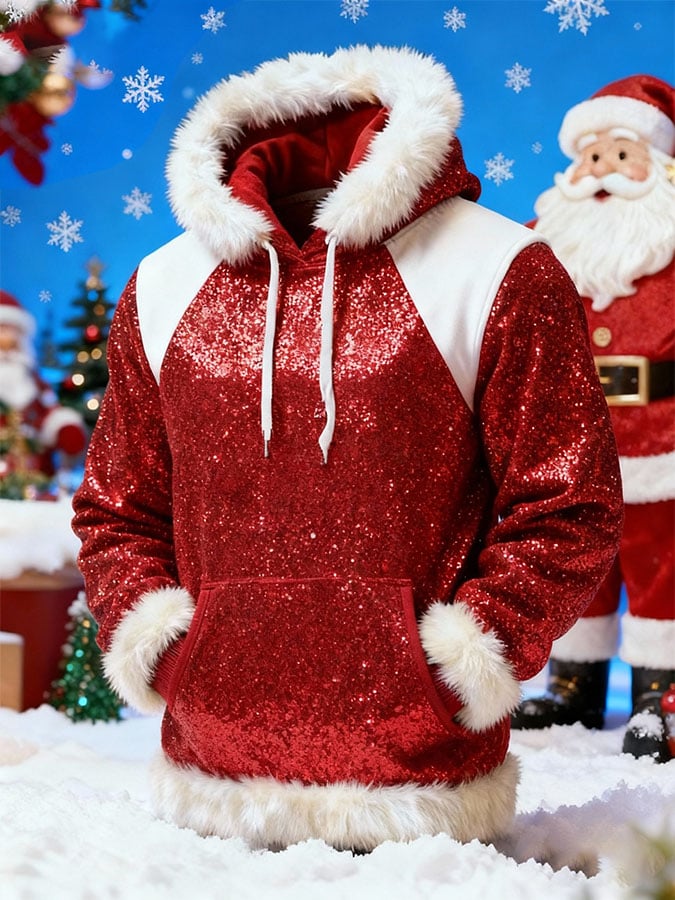 Men's Casual Patchwork Fur Collar Faux Sequin Print Hooded Sweatshirt