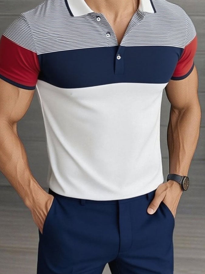 Men'S Casual Classic Contrast Color Business Short-Sleeved Polo Shirt