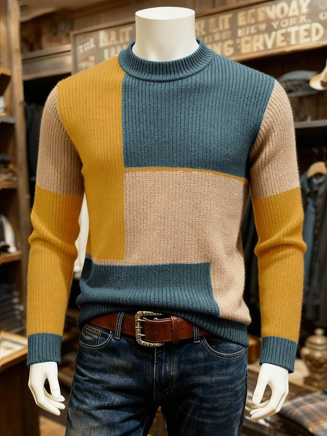 Men'S Warm Ribbed Contrast Color Mid-High Collar Sweater