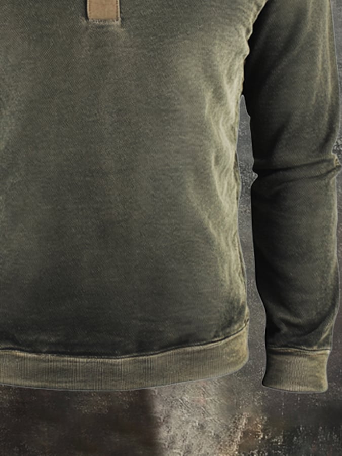 Men's Retro Stitching Contrast Color Henley Collar Casual Long Sleeve Sweatshirt