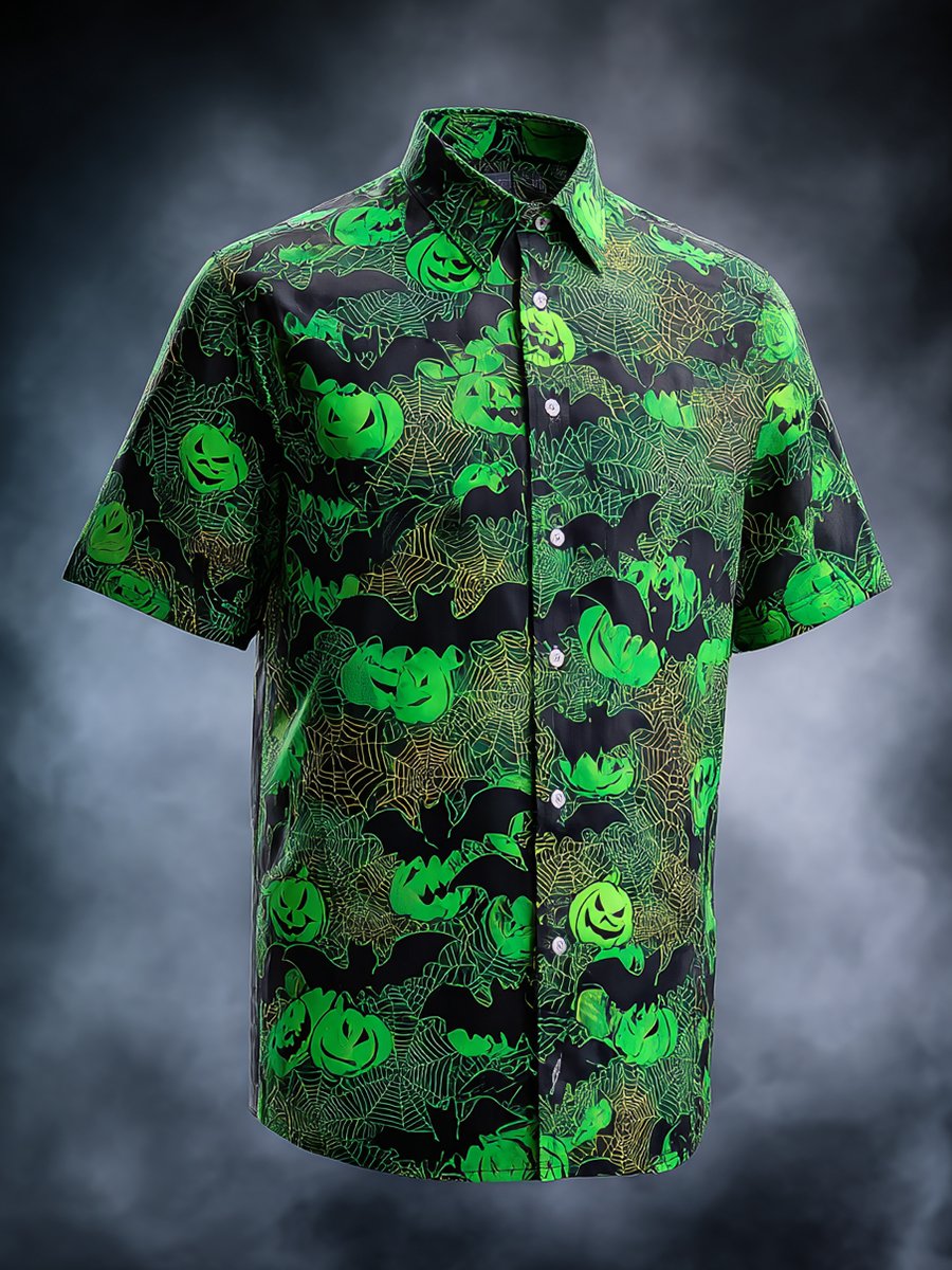 Men's Business Halloween Pumpkin Spiderweb Print Lapel Short Sleeve Shirt