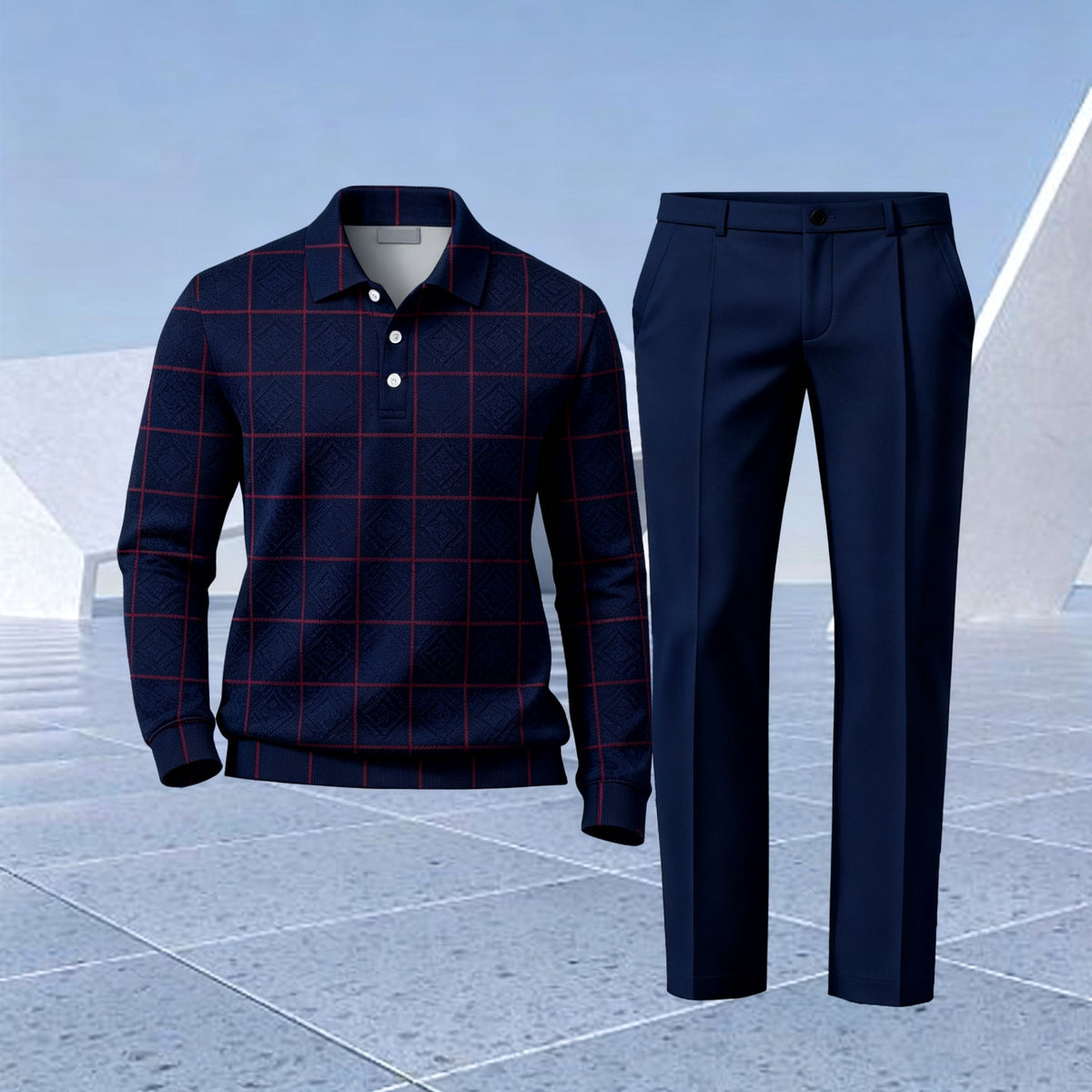 Men's Dark Blue Checkered Polo Shirt and Pants Two-Piece Set