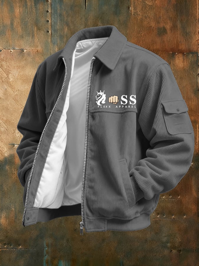 Men's Vintage Letter Design Printed Corduroy Casual Jacket