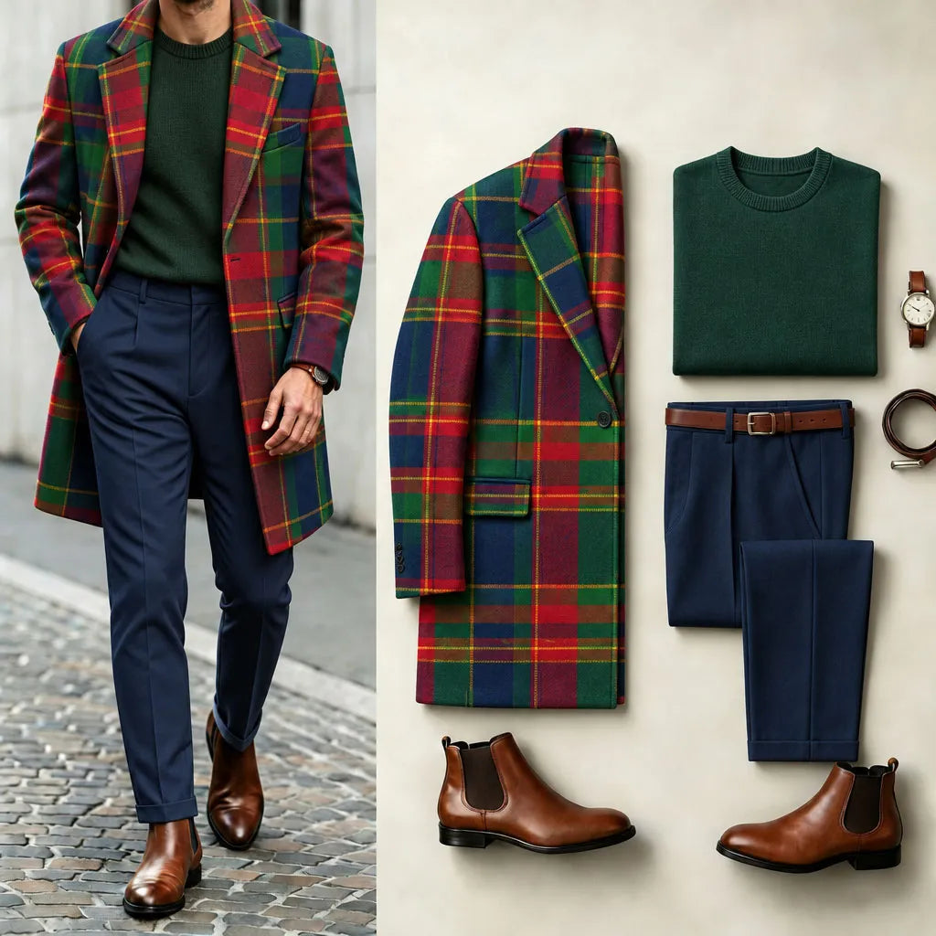 Men's Checkered Suit Set: Coat, Knit Sweater, and Pants