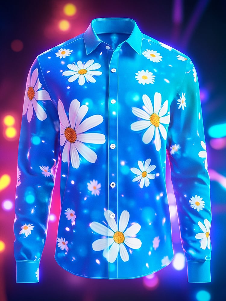 Men's Business Casual Blue Daisy Print Lapel Long Sleeve Shirt