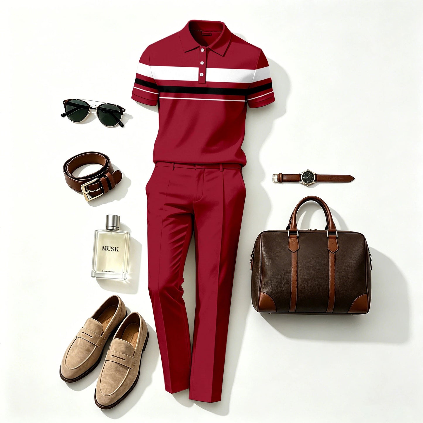 Men's Casual Claret Printed Polo Shirt And Pants Two-Piece Set