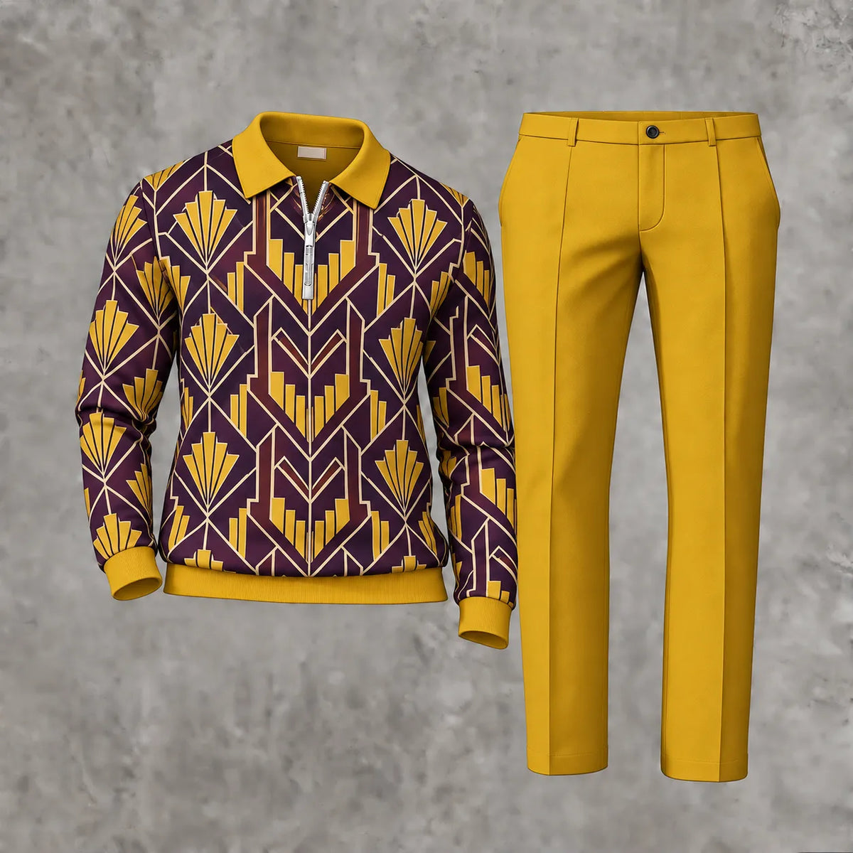 Men's Printed Zipper Polo Shirt and Pants Set