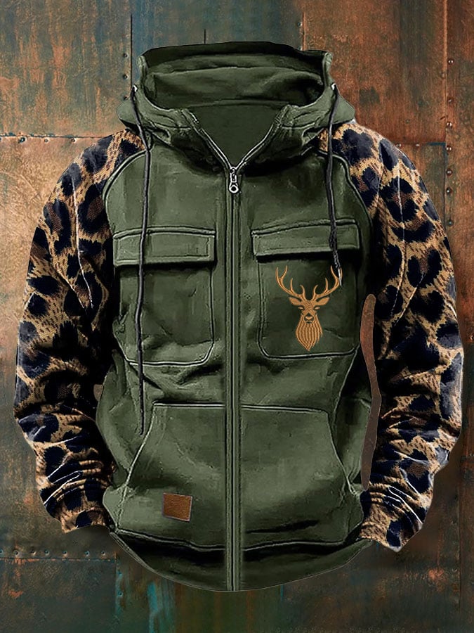 Men's Vintage Western Print Multi-Pocket Jacket