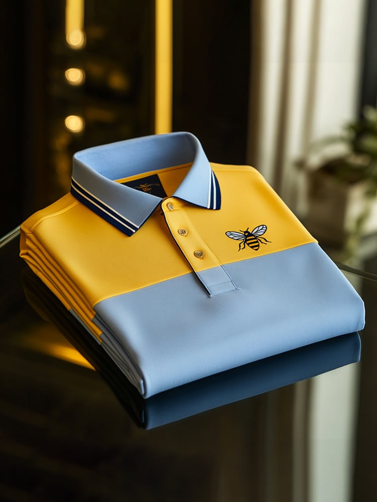 Men's Classic Business Check Logo Button Short Sleeve Polo Shirt