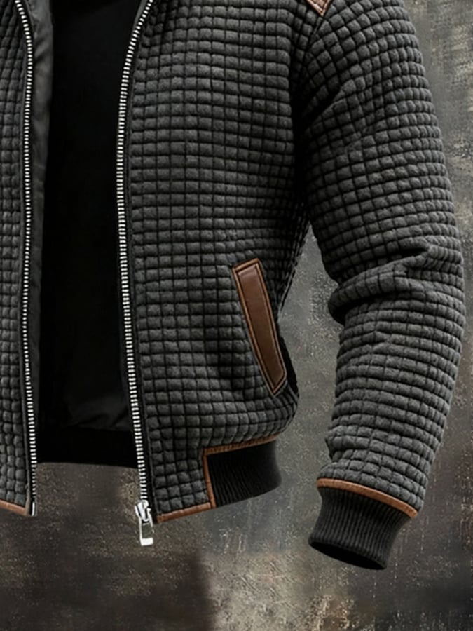 Men's Retro Textured Paneled Leather Outdoor Jacket