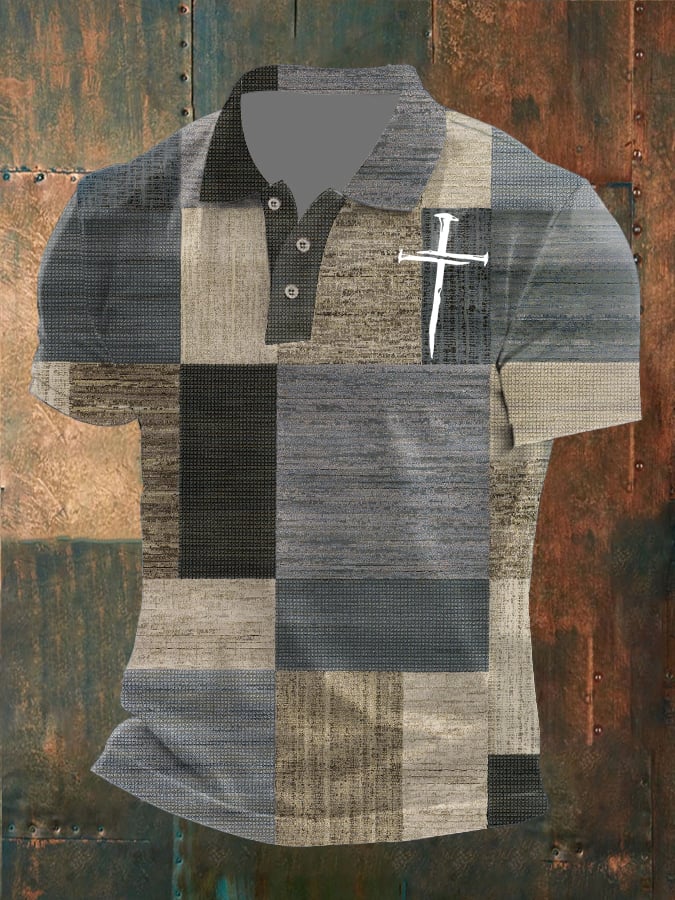 Men's Retro Faith Cross Patchwork Printed Casual POLO Shirt