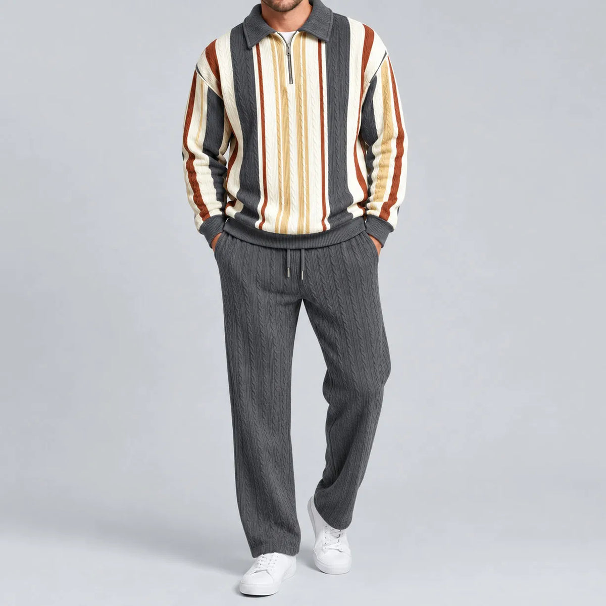 Men's Multicolored Striped Polo Shirt and Pants Set