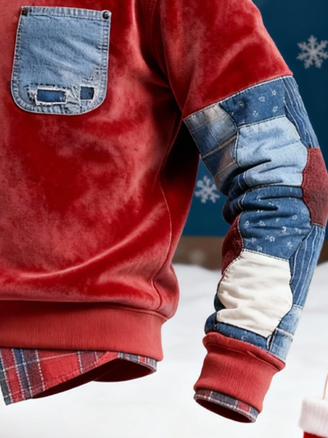 Men's Warm Suede Patchwork Color-Blocked Plaid Faux Two-Piece Christmas Sweatshirt