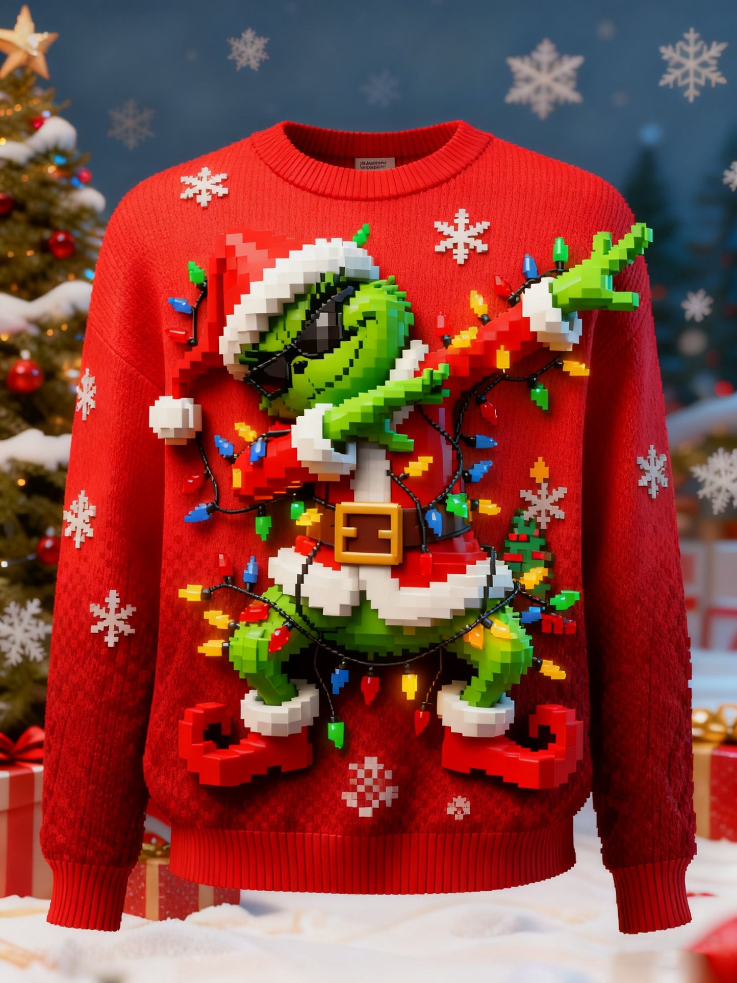 Men's Cartoon Print Ugly Christmas Green Monster Pullover Sweater