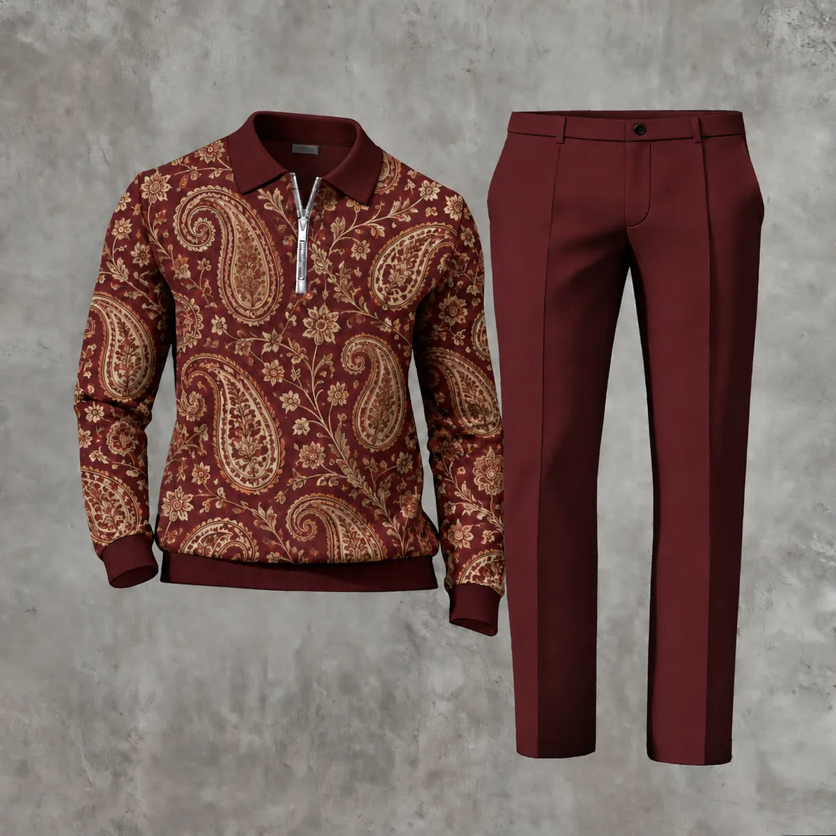 Men's Printed Zipper Polo Shirt and Pants Set