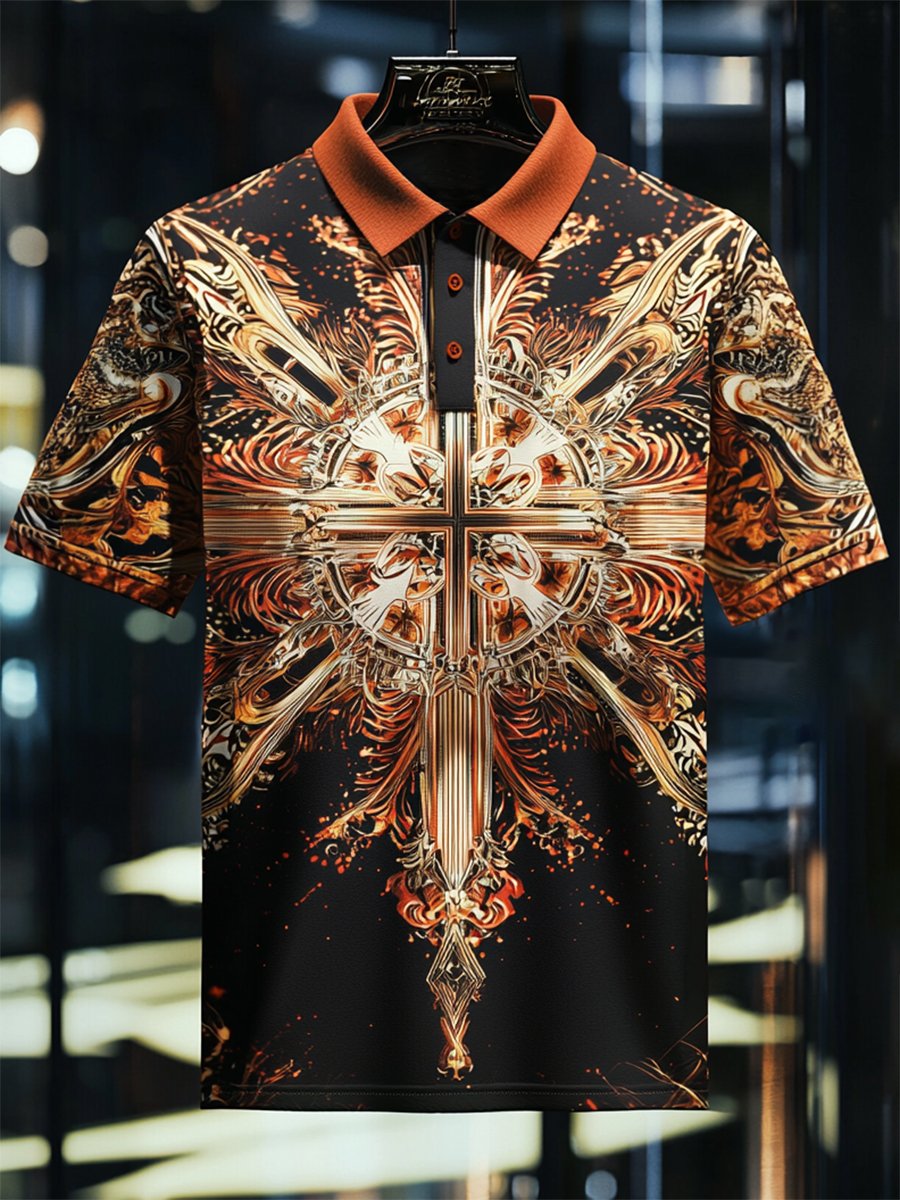 Men's Business Casual Cross Faith Button Short Sleeve Polo Shirt