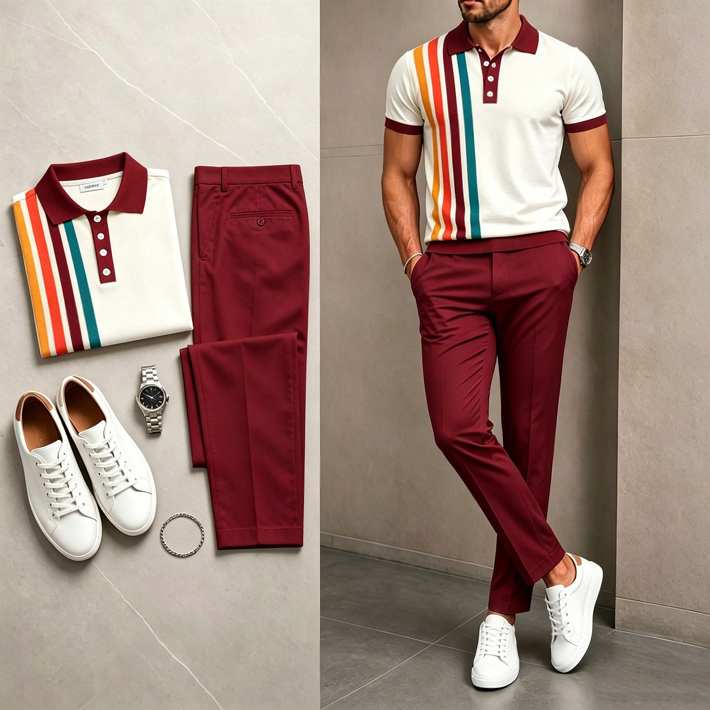 Men's Casual Burgundy Stripes Printed Polo Shirt And Pants Two-Piece Set