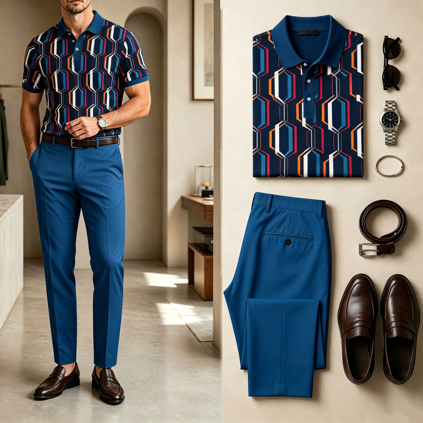 Men's Casual Multi-Color Block Print Short-Sleeve Polo Shirt And Pants Set (Does Not Include Accessories Such As Watches Or Belts)