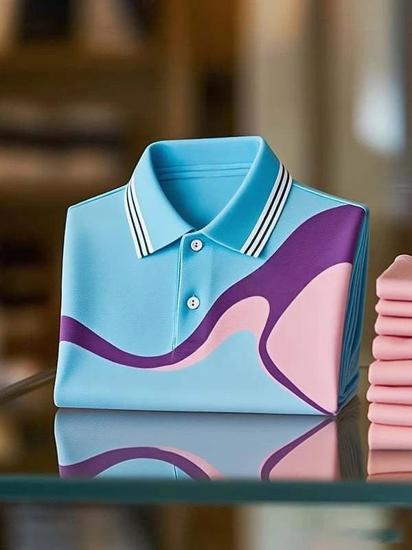 Men's Classic Business Irregular Contrast Logo Button Short Sleeve Polo Shirt