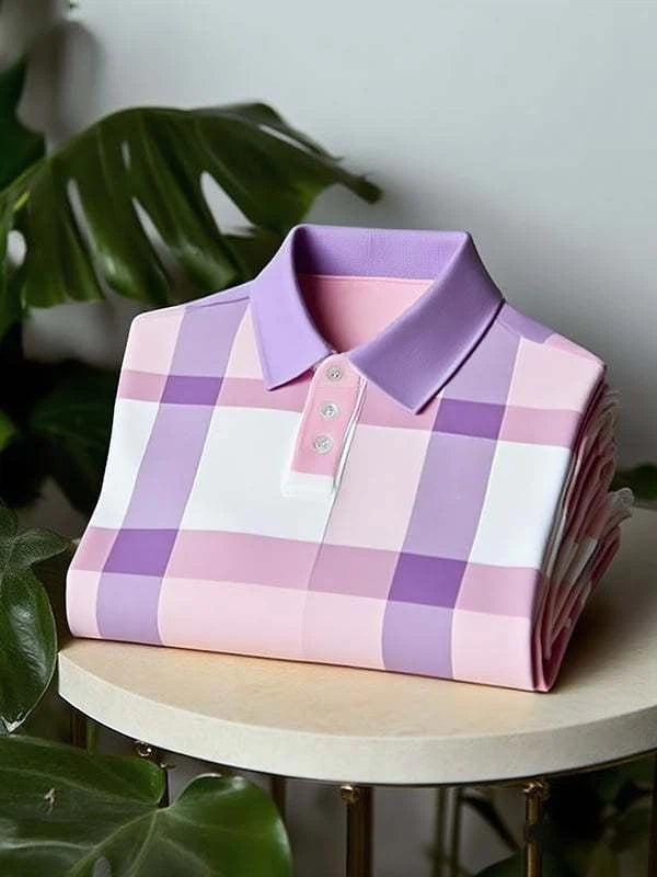 Men's Classic Business Check Logo Button Short Sleeve Polo Shirt