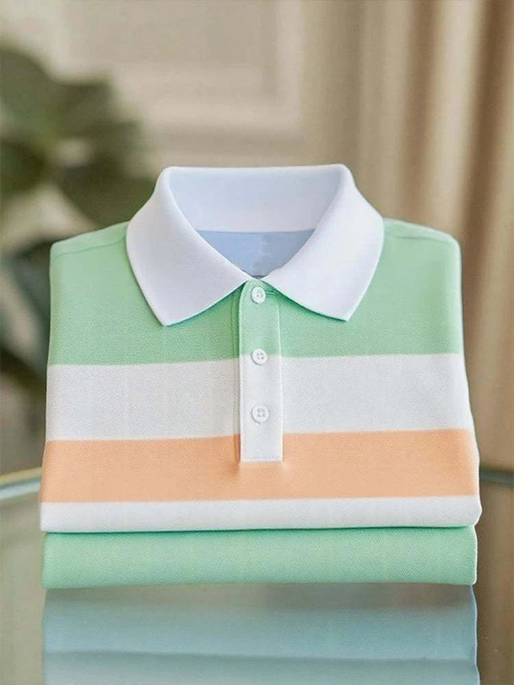 Men's Business Casual Orange and Green Striped Logo Button Short Sleeve Polo Shirt