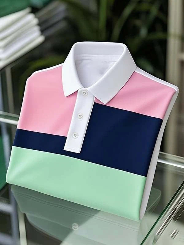 Men's Classic Business Contrast Logo Button Short Sleeve Polo Shirt