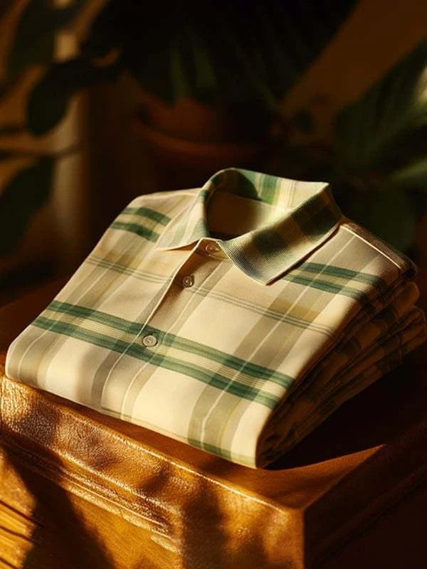 Men's Classic Business Check Logo Button Short Sleeve Polo Shirt
