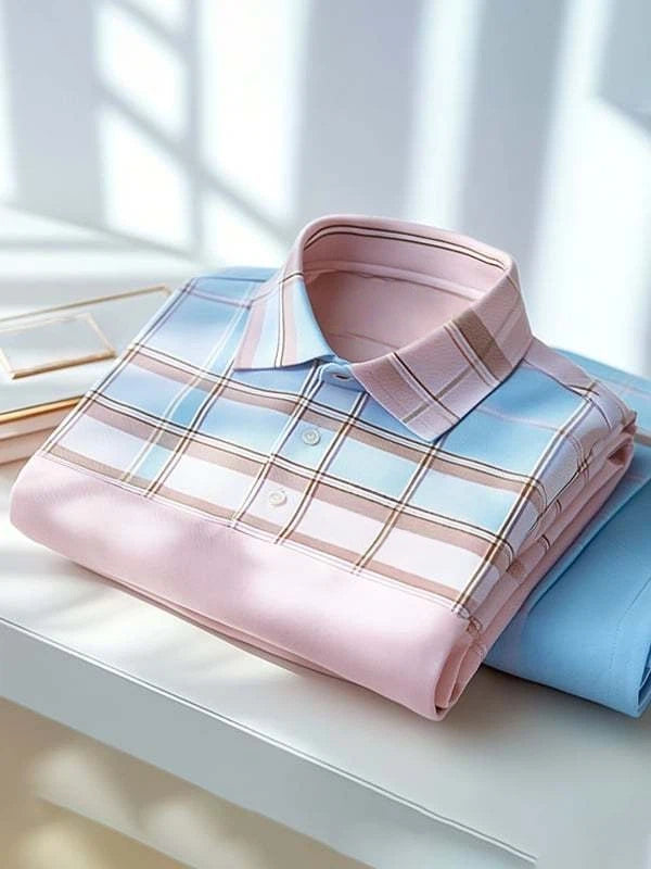 Men's Classic Business Check Logo Button Short Sleeve Polo Shirt