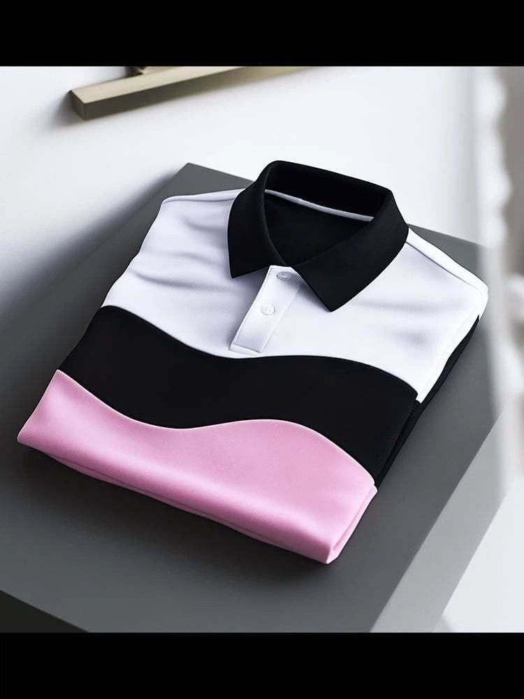 Men's Classic Business Check Logo Button Short Sleeve Polo Shirt