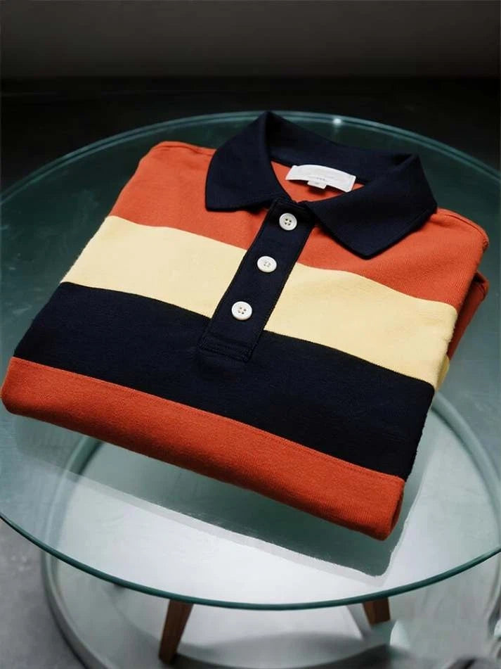 Men's Business Casual Contrast Stripe Button Short Sleeve Polo Shirt